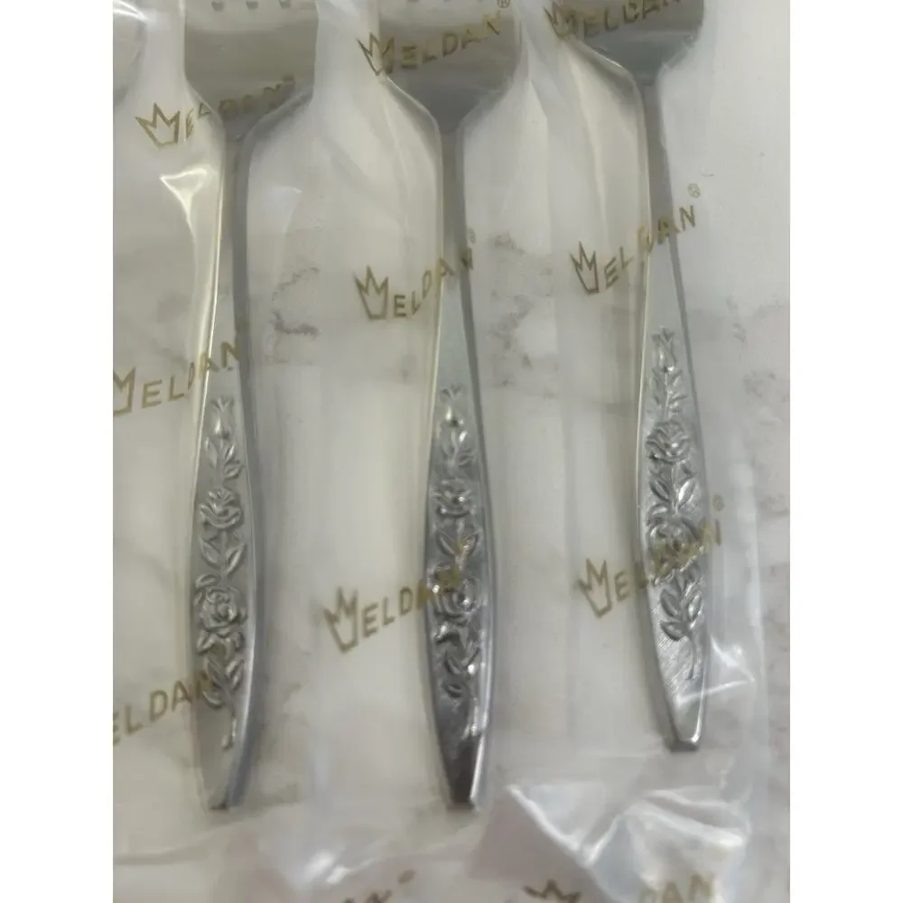 NEW Eldan ELD18 Set Of 4 Salad Forks MAY ROSE Textured Roses Stainless Vtg MCM